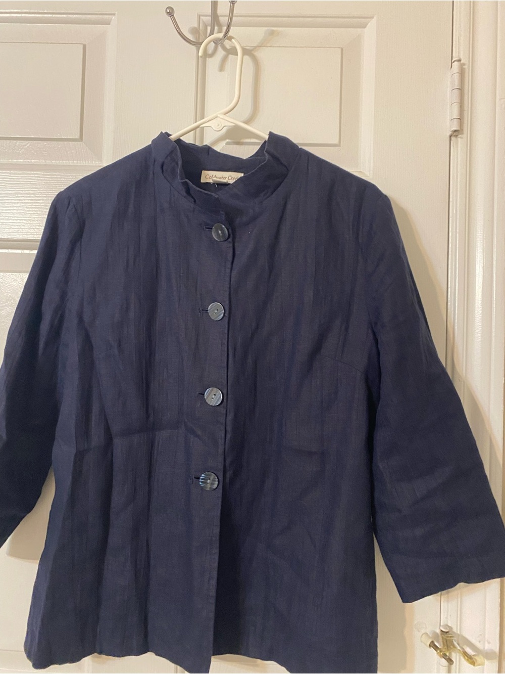 Coldwater Creek Navy Button-Front Linen Blend Jacket